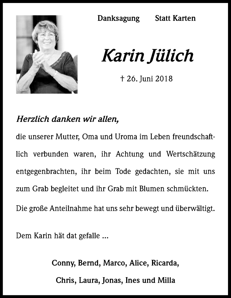  Traueranzeige für Karin Jülich vom 25.08.2018 aus Kölner Stadt-Anzeiger / Kölnische Rundschau / Express