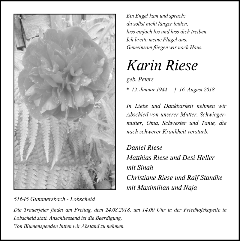 Traueranzeige für Karin Riese vom 22.08.2018 aus  Anzeigen Echo 