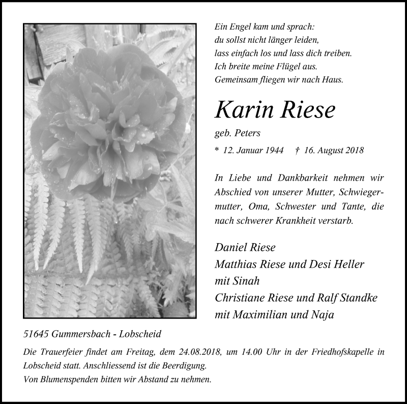 Traueranzeige für Karin Riese vom 22.08.2018 aus Kölner Stadt-Anzeiger / Kölnische Rundschau / Express