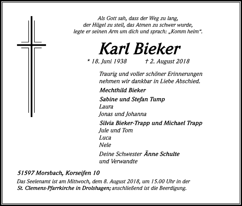  Traueranzeige für Karl Bieker vom 07.08.2018 aus Kölner Stadt-Anzeiger / Kölnische Rundschau / Express
