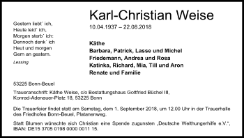 Anzeige von Karl-Christian Weise von Kölner Stadt-Anzeiger / Kölnische Rundschau / Express