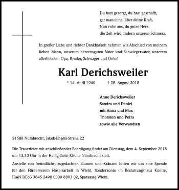 Anzeige von Karl Derichsweiler von Kölner Stadt-Anzeiger / Kölnische Rundschau / Express
