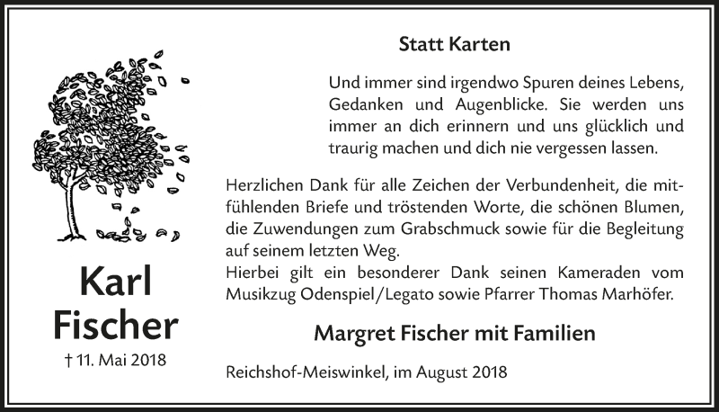  Traueranzeige für Karl Fischer vom 15.08.2018 aus  Lokalanzeiger 
