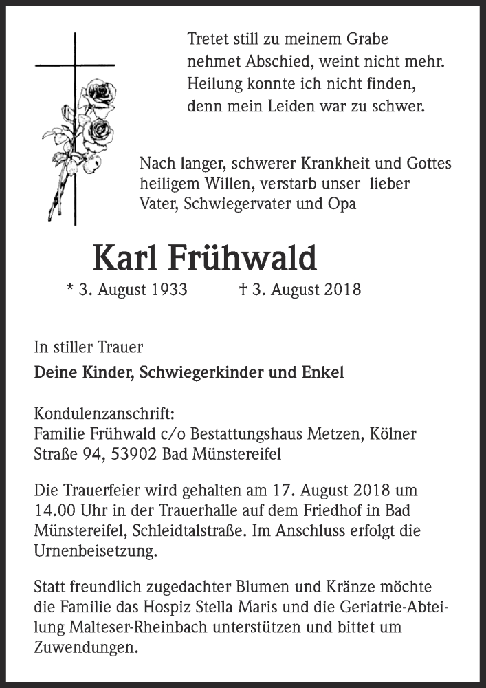  Traueranzeige für Karl Frühwald vom 11.08.2018 aus  Blickpunkt Euskirchen 