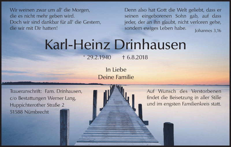  Traueranzeige für Karl-Heinz Drinhausen vom 11.08.2018 aus Kölner Stadt-Anzeiger / Kölnische Rundschau / Express