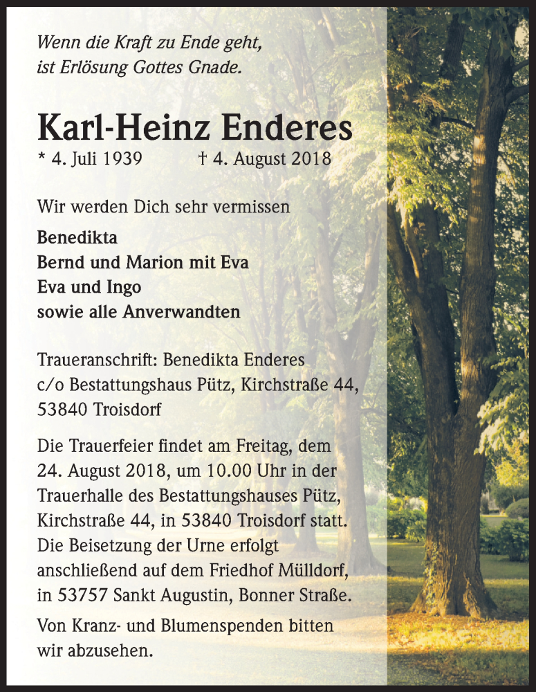  Traueranzeige für Karl-Heinz Enderes vom 11.08.2018 aus Kölner Stadt-Anzeiger / Kölnische Rundschau / Express