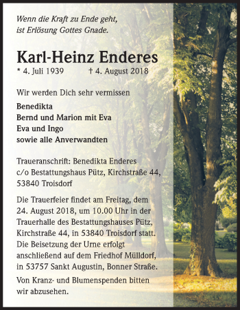Anzeige von Karl-Heinz Enderes von Kölner Stadt-Anzeiger / Kölnische Rundschau / Express