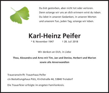 Anzeige von Karl-Heinz Peifer von Kölner Stadt-Anzeiger / Kölnische Rundschau / Express