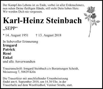 Anzeige von Karl-Heinz Steinbach von Kölner Stadt-Anzeiger / Kölnische Rundschau / Express