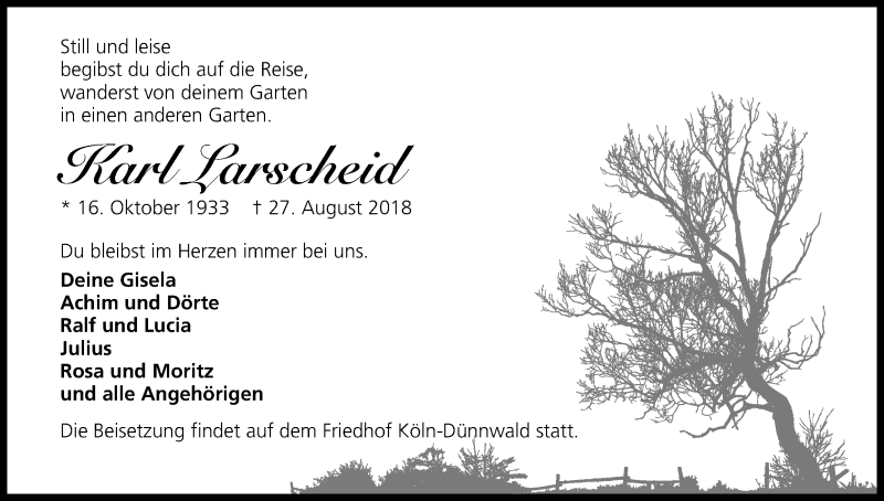  Traueranzeige für Karl Larscheid vom 01.09.2018 aus Kölner Stadt-Anzeiger / Kölnische Rundschau / Express
