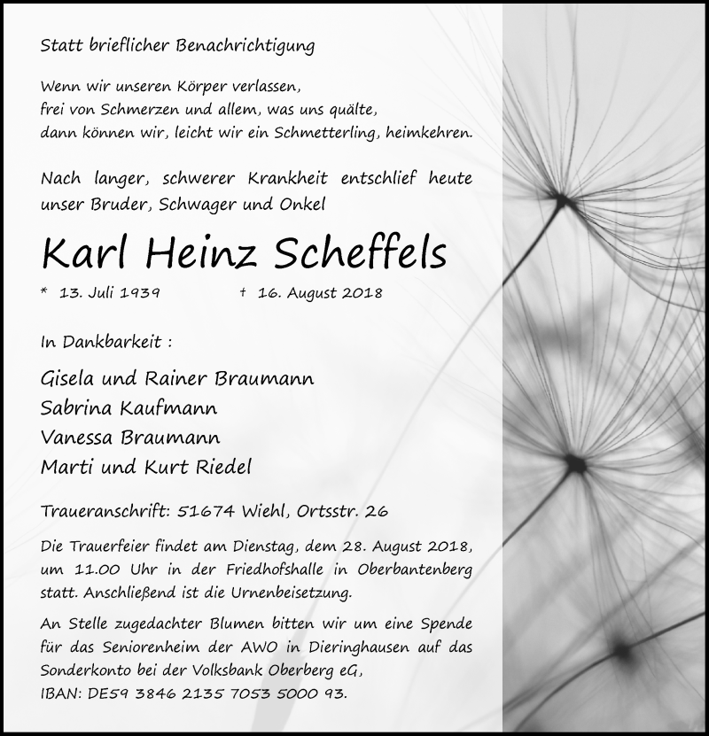  Traueranzeige für Karl Heinz Scheffels vom 22.08.2018 aus  Anzeigen Echo 