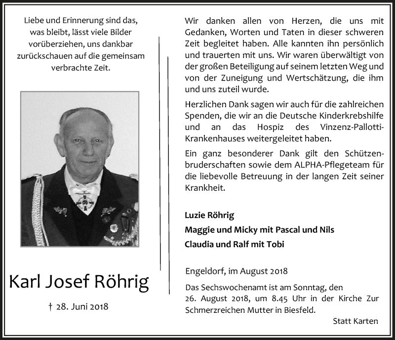 Traueranzeige für Karl Josef Röhrig vom 15.08.2018 aus  Bergisches Handelsblatt 