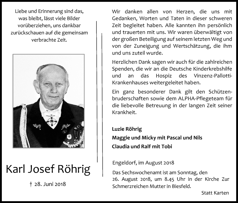  Traueranzeige für Karl Josef Röhrig vom 18.08.2018 aus Kölner Stadt-Anzeiger / Kölnische Rundschau / Express