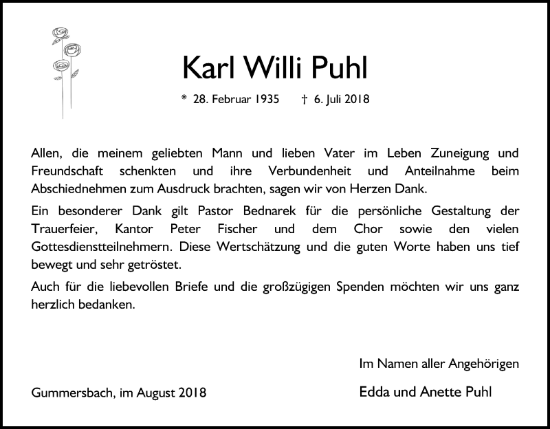 Traueranzeige für Karl Willi Puhl vom 25.08.2018 aus Kölner Stadt-Anzeiger / Kölnische Rundschau / Express