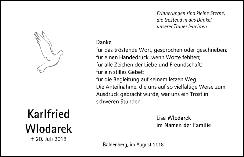  Traueranzeige für Karlfried Wlodarek vom 15.08.2018 aus  Anzeigen Echo 