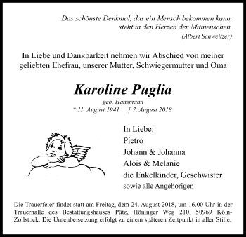 Anzeige von Karoline Puglia von Kölner Stadt-Anzeiger / Kölnische Rundschau / Express