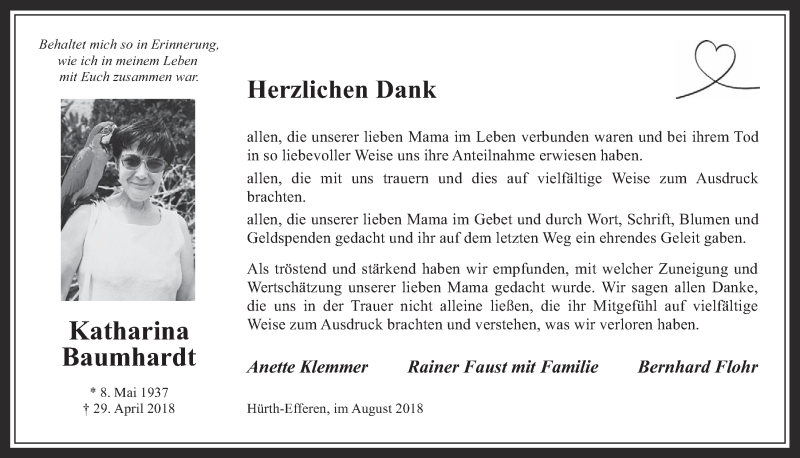  Traueranzeige für Katharina Baumhardt vom 08.08.2018 aus  Wochenende 