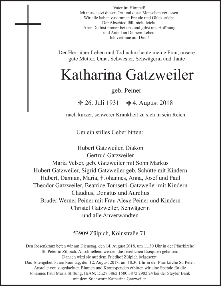  Traueranzeige für Katharina Gatzweiler vom 11.08.2018 aus  Blickpunkt Euskirchen 