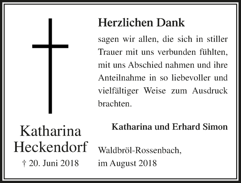  Traueranzeige für Katharina Heckendorf vom 22.08.2018 aus  Lokalanzeiger 