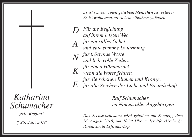  Traueranzeige für Katharina Schumacher vom 15.08.2018 aus  Werbepost 