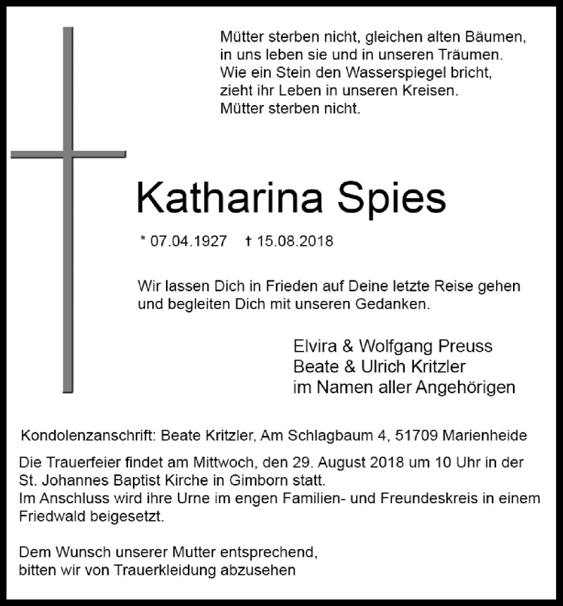  Traueranzeige für Katharina Spies vom 25.08.2018 aus Kölner Stadt-Anzeiger / Kölnische Rundschau / Express