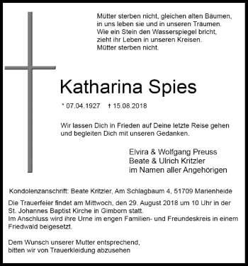 Anzeige von Katharina Spies von Kölner Stadt-Anzeiger / Kölnische Rundschau / Express