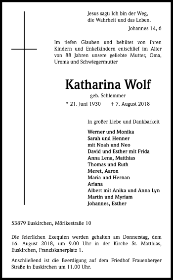 Anzeige von Katharina Wolf von Kölner Stadt-Anzeiger / Kölnische Rundschau / Express