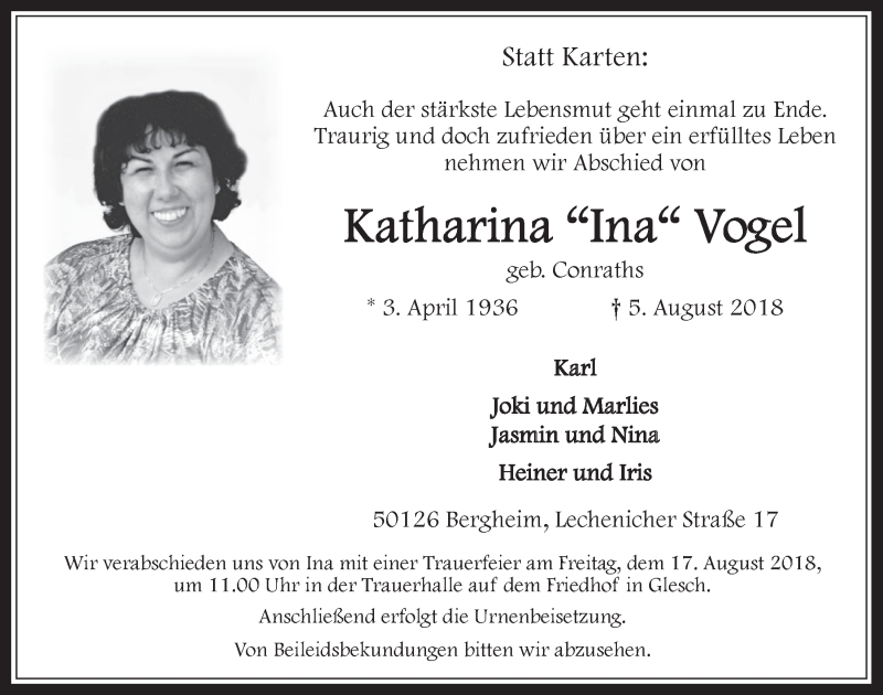  Traueranzeige für Katharina Ina Vogel vom 15.08.2018 aus  Werbepost 