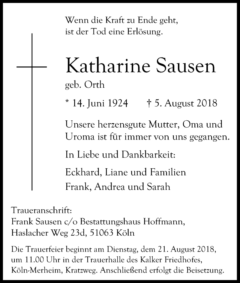  Traueranzeige für Katharine Sausen vom 11.08.2018 aus Kölner Stadt-Anzeiger / Kölnische Rundschau / Express