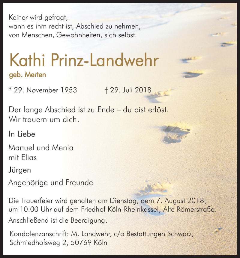  Traueranzeige für Kathi Prinz-Landwehr vom 04.08.2018 aus Kölner Stadt-Anzeiger / Kölnische Rundschau / Express