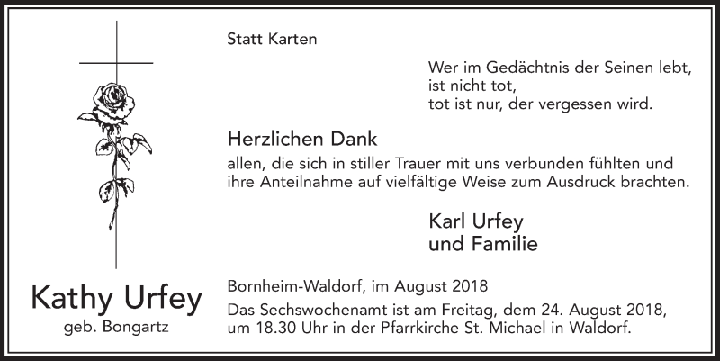  Traueranzeige für Kathy Urfey vom 22.08.2018 aus  Schlossbote/Werbekurier 