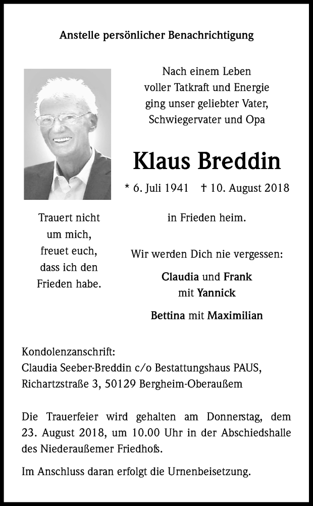  Traueranzeige für Klaus Breddin vom 18.08.2018 aus Kölner Stadt-Anzeiger / Kölnische Rundschau / Express