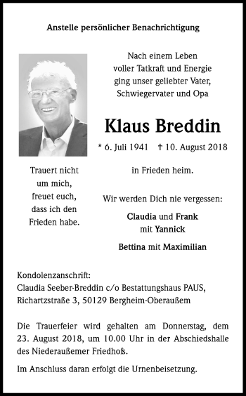 Anzeige von Klaus Breddin von Kölner Stadt-Anzeiger / Kölnische Rundschau / Express