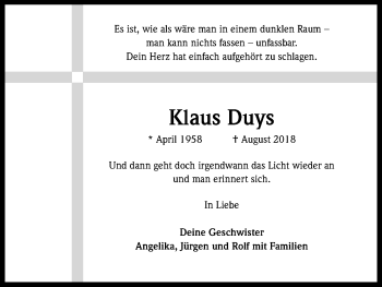 Anzeige von Klaus Duys von Kölner Stadt-Anzeiger / Kölnische Rundschau / Express