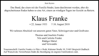 Anzeige von Klaus Franke von Kölner Stadt-Anzeiger / Kölnische Rundschau / Express