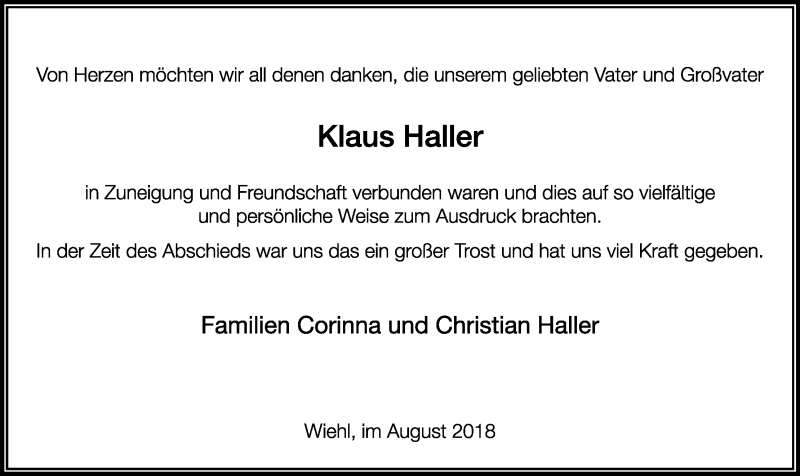  Traueranzeige für Klaus Haller vom 01.09.2018 aus Kölner Stadt-Anzeiger / Kölnische Rundschau / Express
