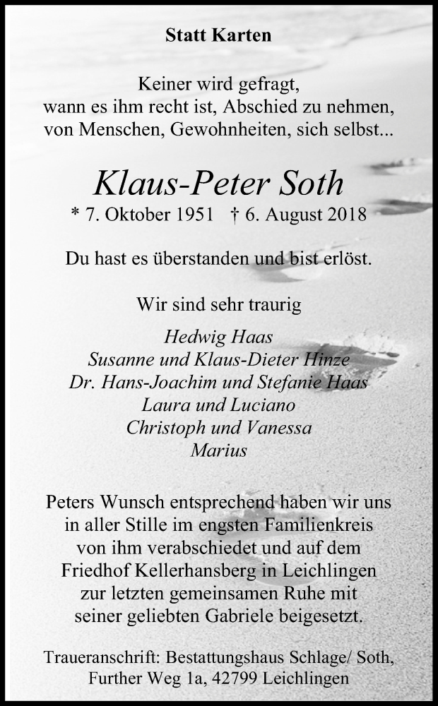 Traueranzeige für Klaus-Peter Soth vom 01.09.2018 aus Kölner Stadt-Anzeiger / Kölnische Rundschau / Express