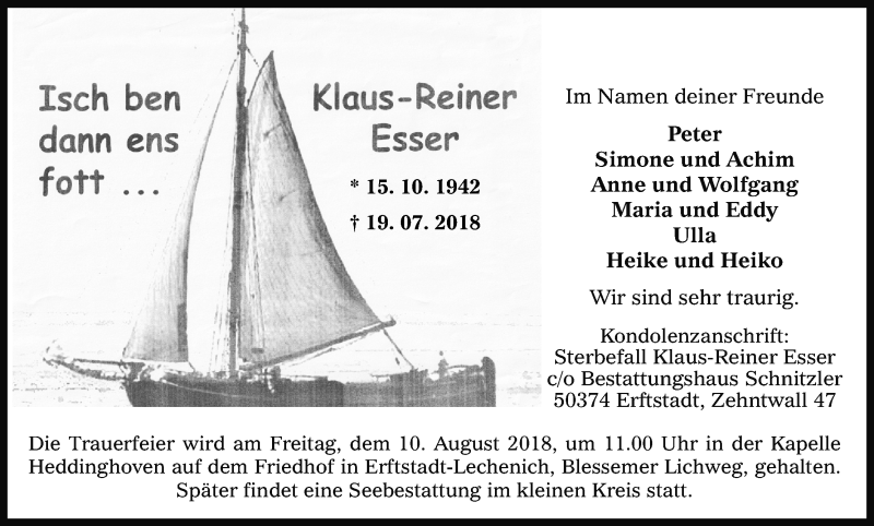 Traueranzeige für Klaus-Reiner Esser vom 04.08.2018 aus Kölner Stadt-Anzeiger / Kölnische Rundschau / Express