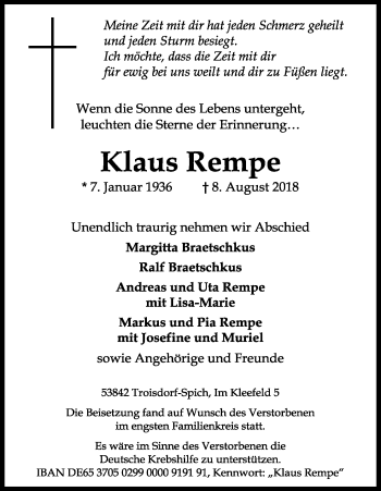 Anzeige von Klaus Rempe von Kölner Stadt-Anzeiger / Kölnische Rundschau / Express