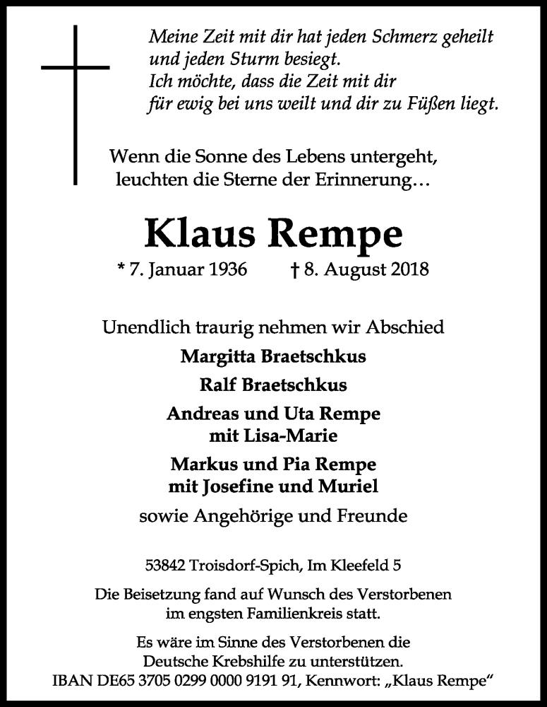  Traueranzeige für Klaus Rempe vom 01.09.2018 aus Kölner Stadt-Anzeiger / Kölnische Rundschau / Express