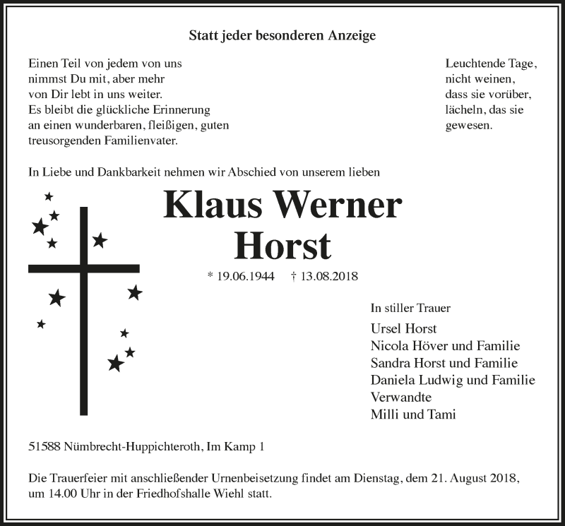  Traueranzeige für Klaus Werner Horst vom 15.08.2018 aus  Lokalanzeiger 
