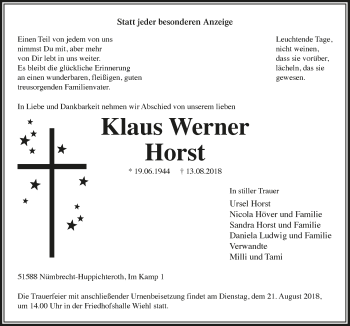 Anzeige von Klaus Werner Horst von  Lokalanzeiger 