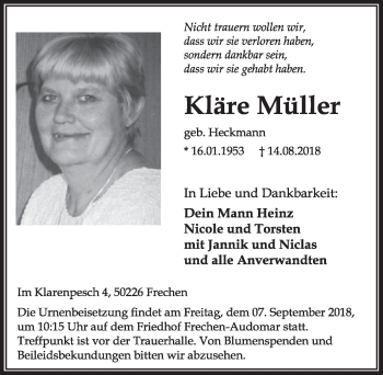 Anzeige von Kläre Müller von  Sonntags-Post 