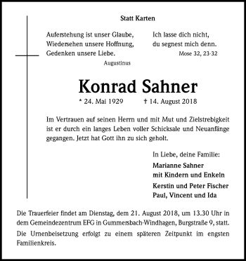 Anzeige von Konrad Sahner von Kölner Stadt-Anzeiger / Kölnische Rundschau / Express