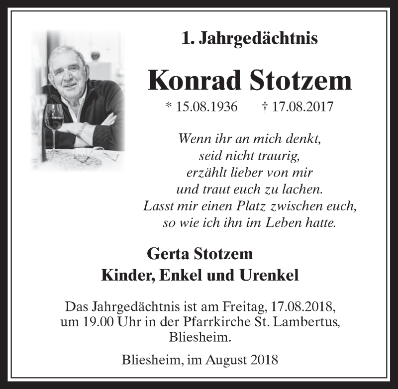  Traueranzeige für Konrad Stotzem vom 15.08.2018 aus  Werbepost 