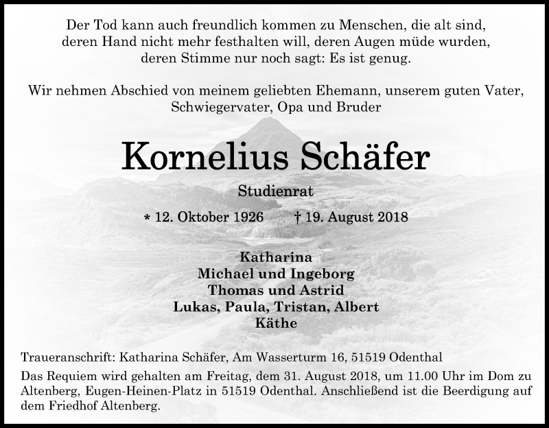  Traueranzeige für Kornelius Schäfer vom 25.08.2018 aus Kölner Stadt-Anzeiger / Kölnische Rundschau / Express