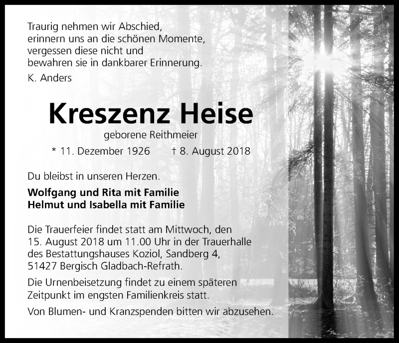  Traueranzeige für Kreszenz Heise vom 11.08.2018 aus Kölner Stadt-Anzeiger / Kölnische Rundschau / Express