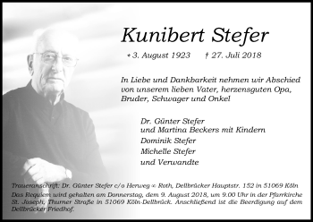Anzeige von Kunibert Stefer von Kölner Stadt-Anzeiger / Kölnische Rundschau / Express