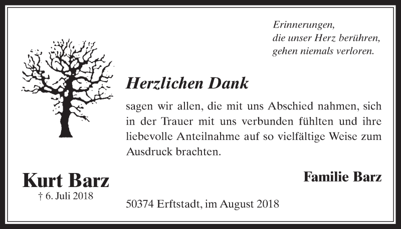  Traueranzeige für Kurt Barz vom 29.08.2018 aus  Werbepost 