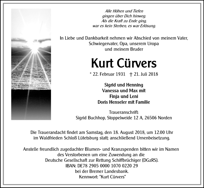  Traueranzeige für Kurt Cürvers vom 04.08.2018 aus Kölner Stadt-Anzeiger / Kölnische Rundschau / Express